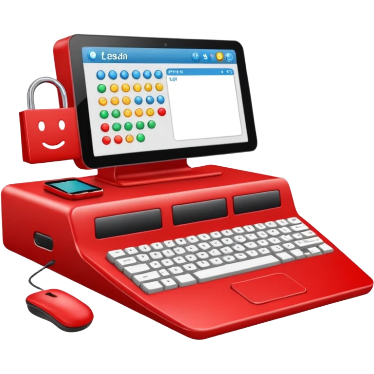 HAZ UN computador de color rojo carmesí brillante y que la pantalla tenga un to-do list emoji