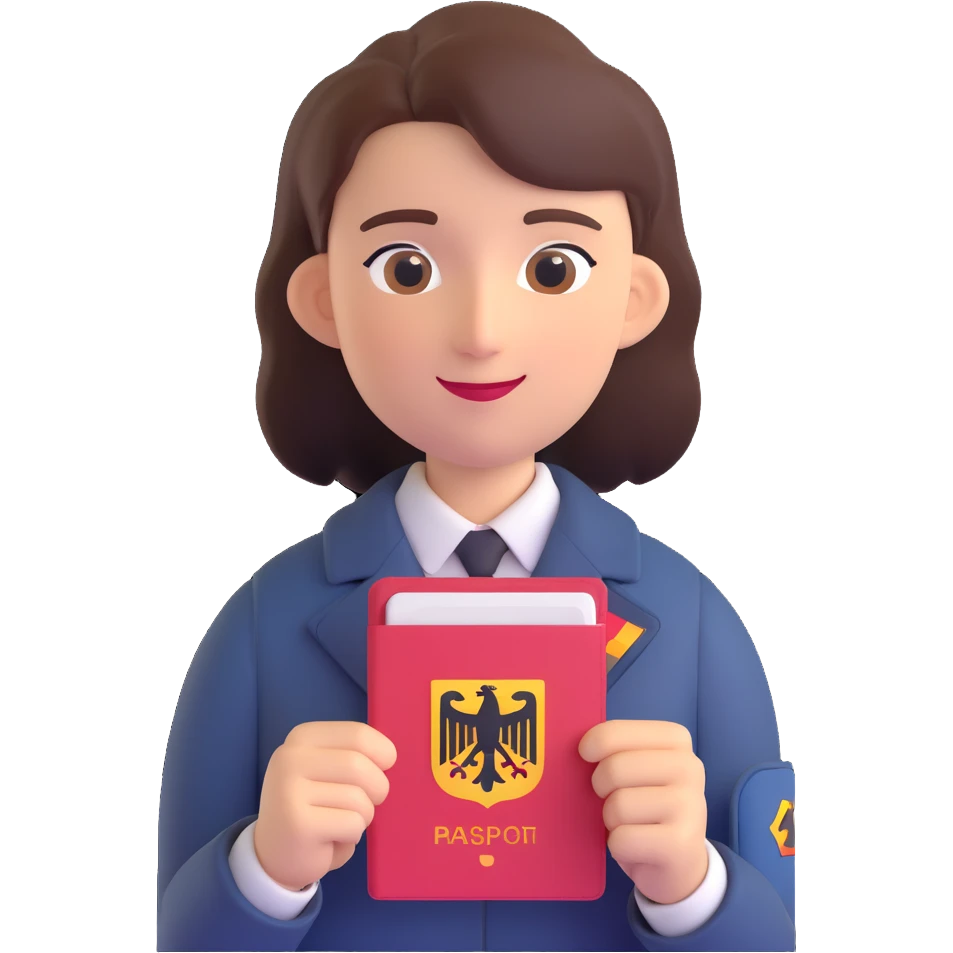 3D style universal gender-neutral ageless character holding a German passport, friendly and official, subtle German flag elements, mobile app icon for permanent residency or citizenship in Germany emoji