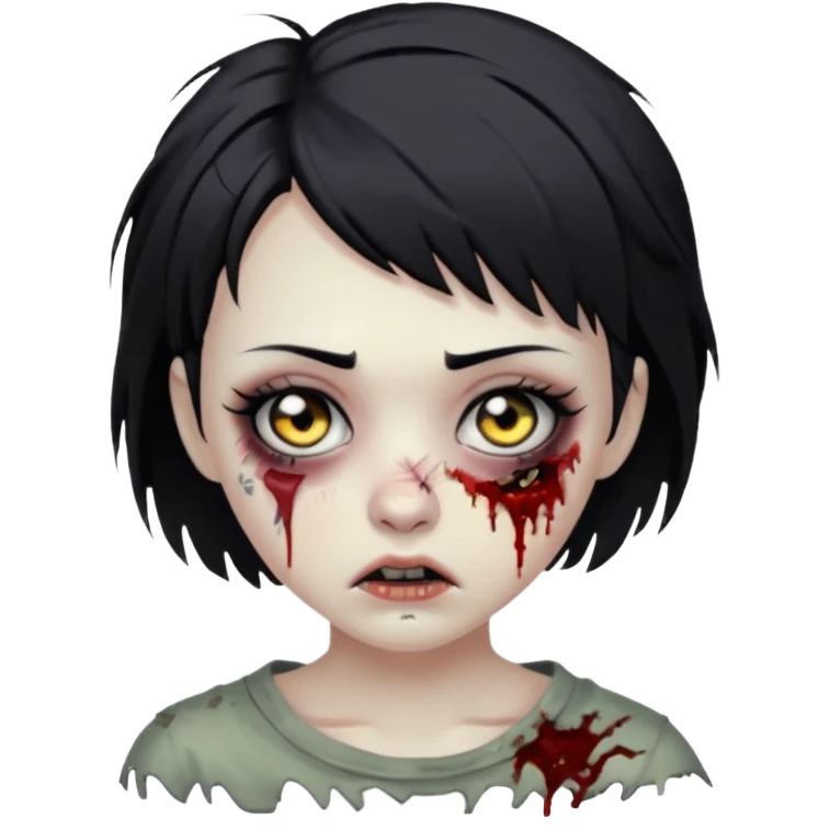 Zombie girl with messy black short hair with lashes and torn cheek emoji