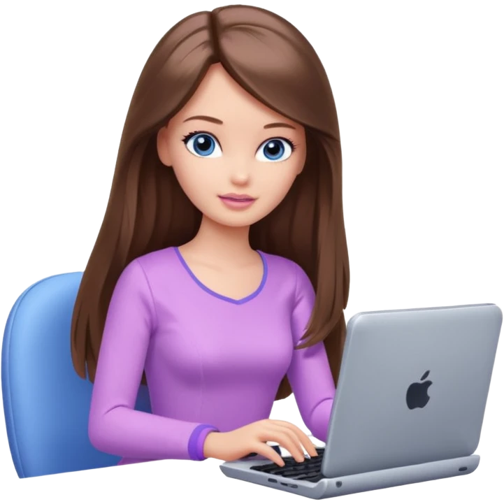 beautiful barbie girl with long brown hair, blue eyes and wearing light purple clothes playing computer games emoji