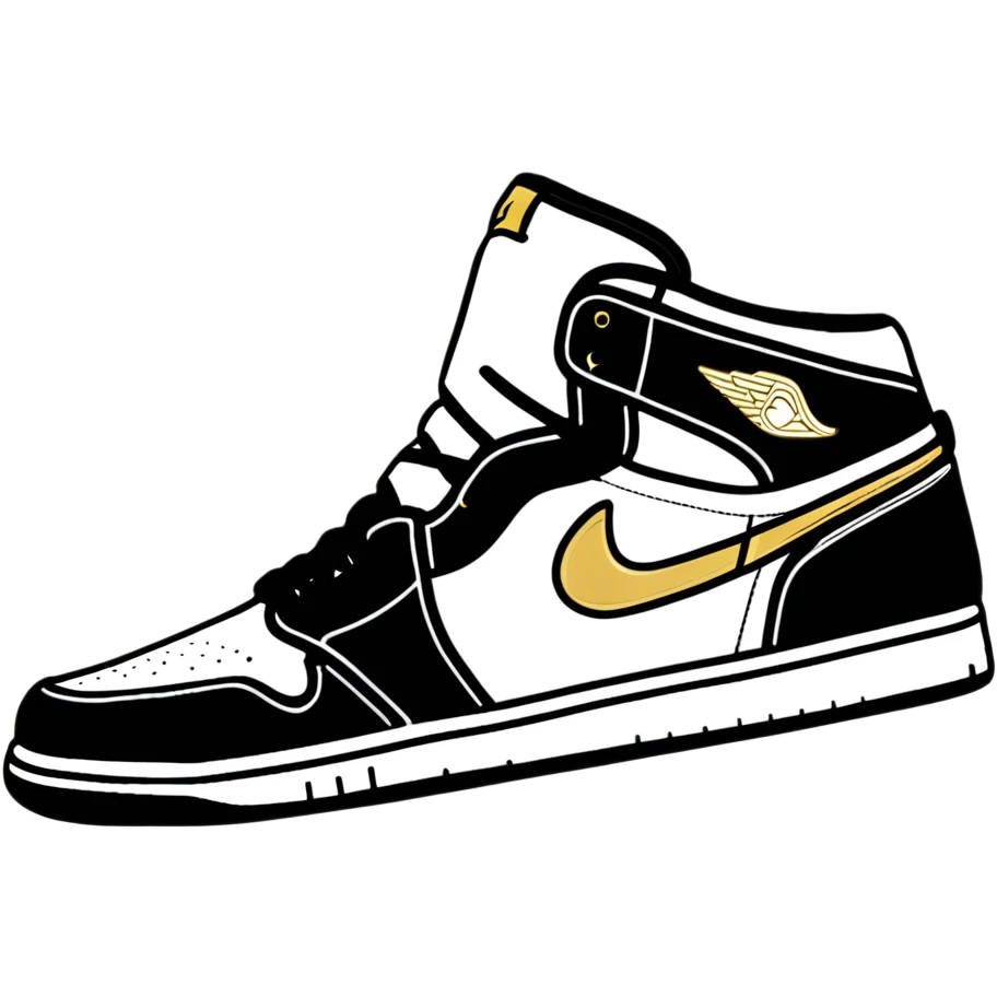 Jordan 1 sneaker, all black with a metallic gold swoosh emoji
