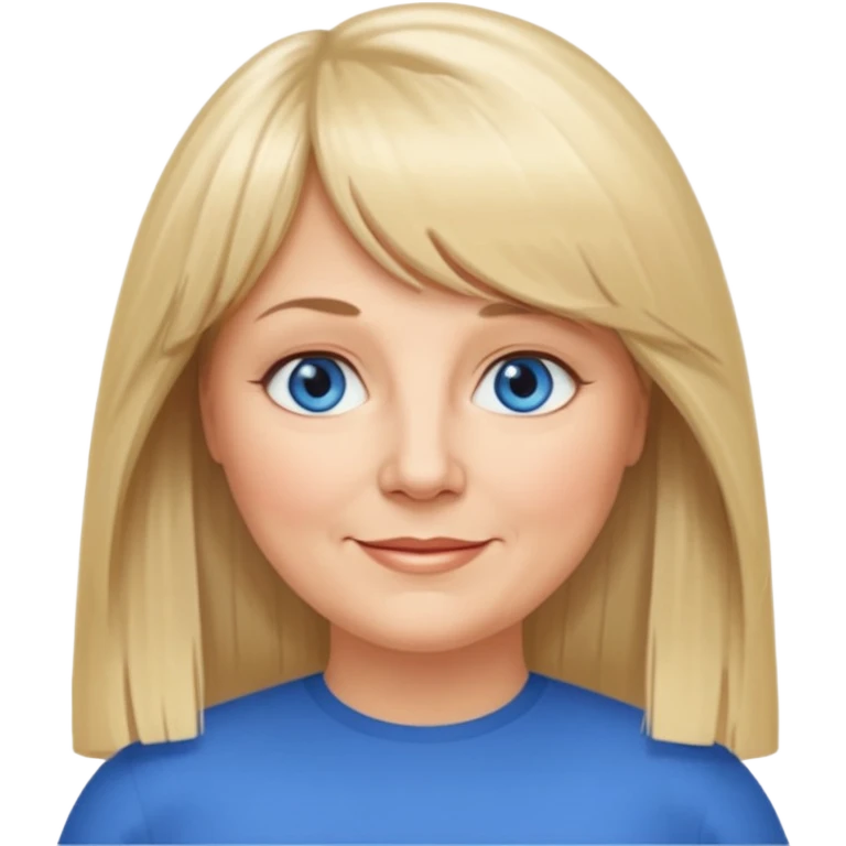 50 yr old white woman, curtain bangs, very long straight blond hair, oval face, small smile, blue eyes, slightly chubby face emoji