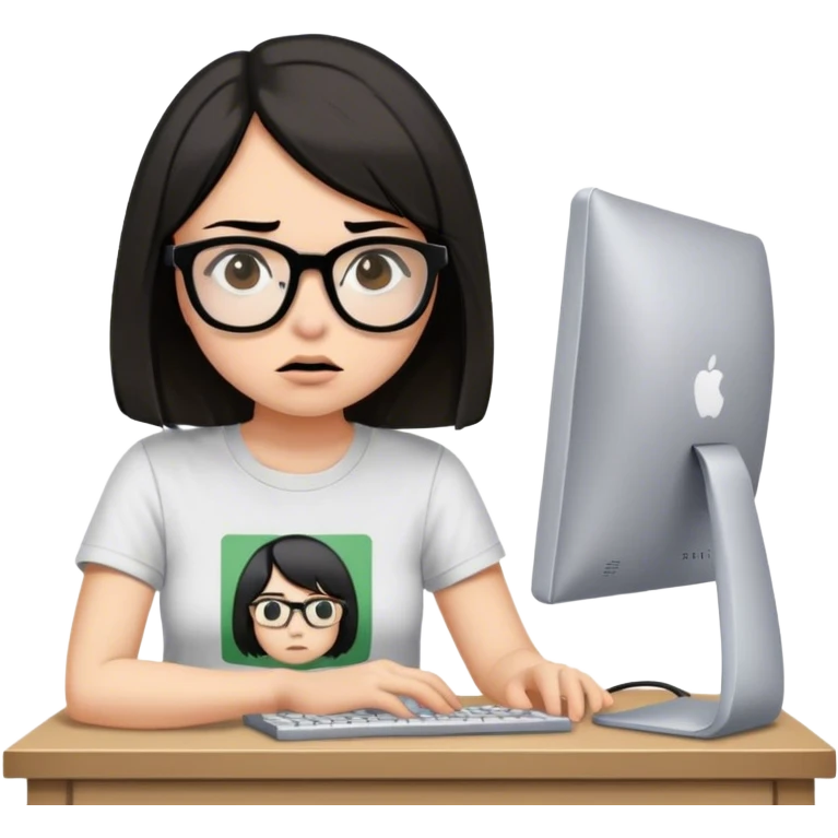 girl with black brown bob hair wearing glasses is having a brain fog while working on her old computer wearing a nirvana tshirt emoji