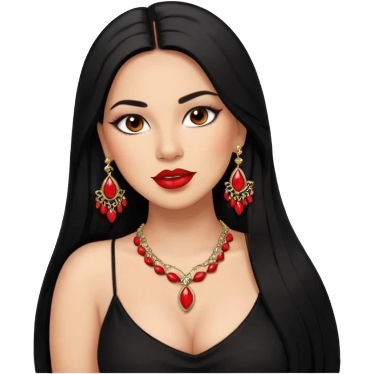 Mexican Light skin brown eyes glamorous full figured women black long straight hair red lips necklace and earrings long lashes emoji