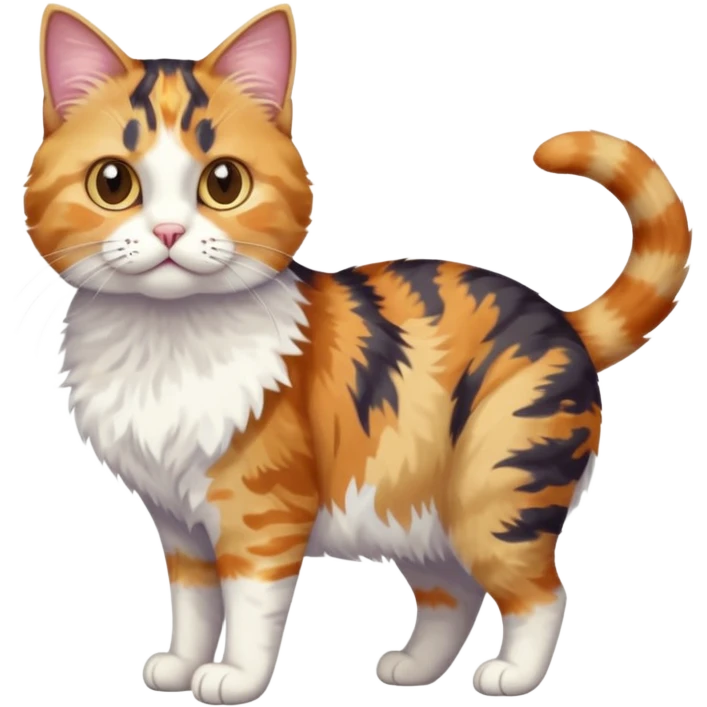 full body anxious looking colourful calico tabby cat with tiny head to large body with fully white front legs emoji