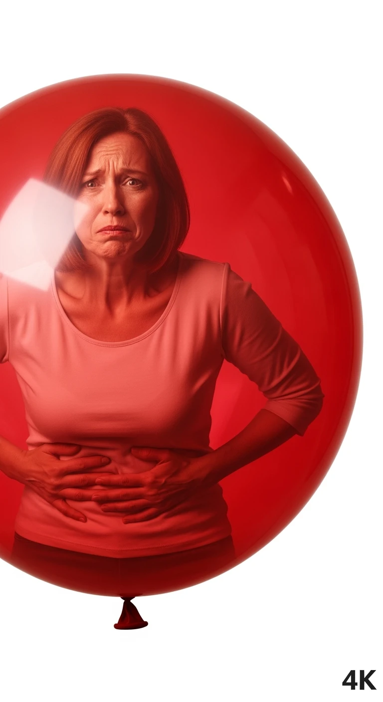 DONNA CON MAL DI PANCIA E INTESTINO CHIUSO IN UN PALLONCINO ROSSO, ESPRESSIONE DI DOLORE IN VOLTO, IPERREALISTICA 4K, ISOLATA SU SFONDO BIANCO emoji