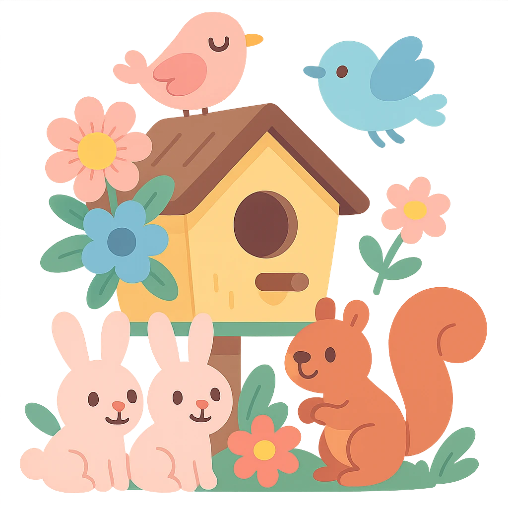 birdhouse with flowers and forest creatures including bunnies, birds, and squirrels, soft pastel colors, transparent background, pastel-toon style emoji