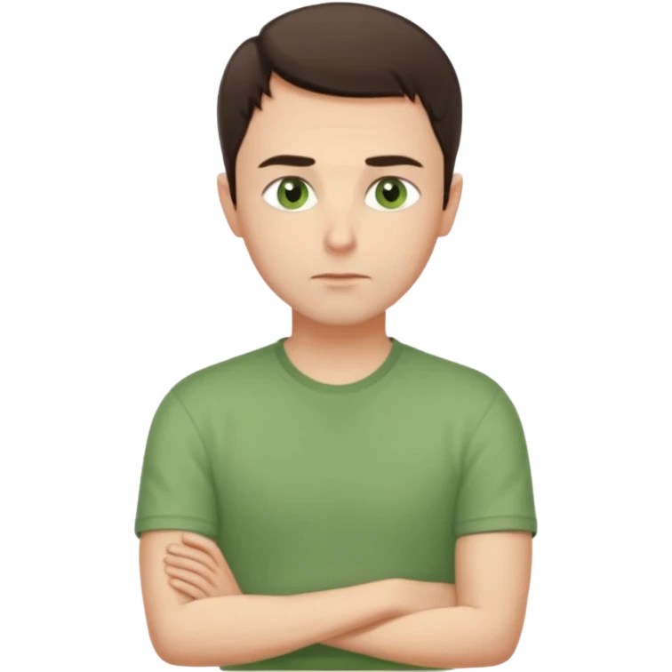 Gentle man, European facial features, short dark brown hair, green eyes, light green shirt. Seated calmly, gazing thoughtfully. Soft light, subtle fern. Waist-up, profile. emoji