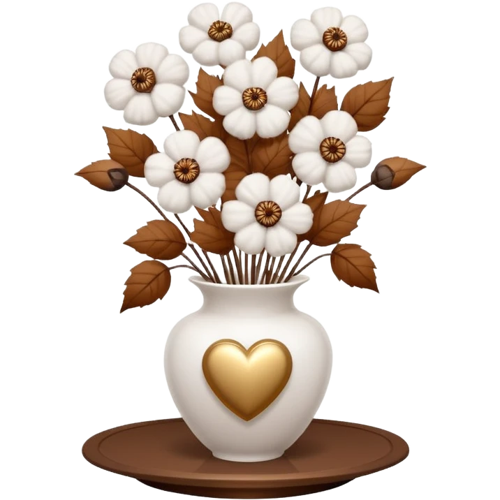 a bouquet of cotton flowers with brown dried petals, in a white ribbed vase on a white tray. next to it is a figurine in the form of a white heart, with sparkles emoji