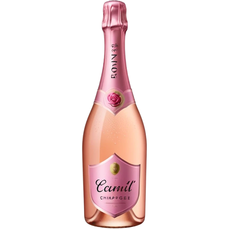 bottle of sparkling rosé champagne with a rose logo on the label, tilted up and to the left, no glass emoji