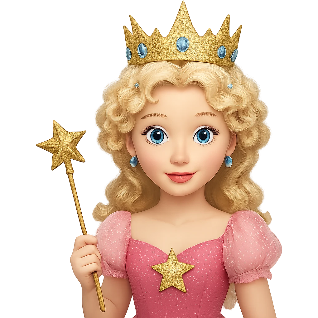 Change Glinda's dress to pink, keep her happy expression, blonde curls, glittery crown, and star wand. Remove the background. The style should resemble a cheerful fairy tale character with a magical and sparkly appearance. emoji