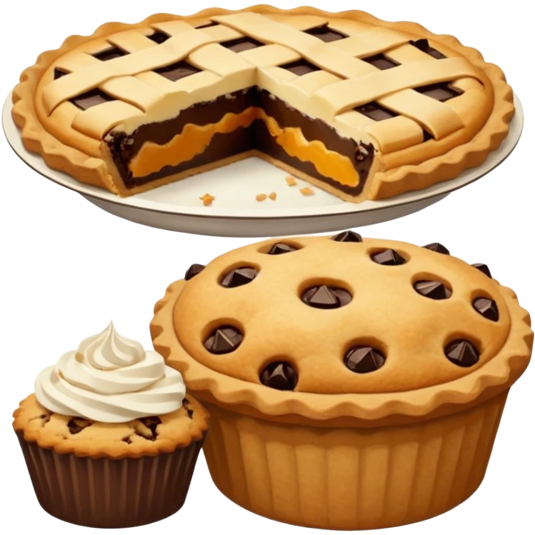 Baking community humanless avatar in vibrant style illustration. Pie, cookie, and muffin warm golden tones, simple shapes, flat design, high contrast. emoji