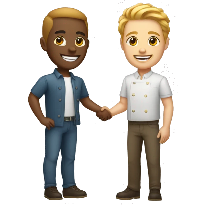 restaurant owner and blogger shaking hands, both with light skin, in great detail emoji
