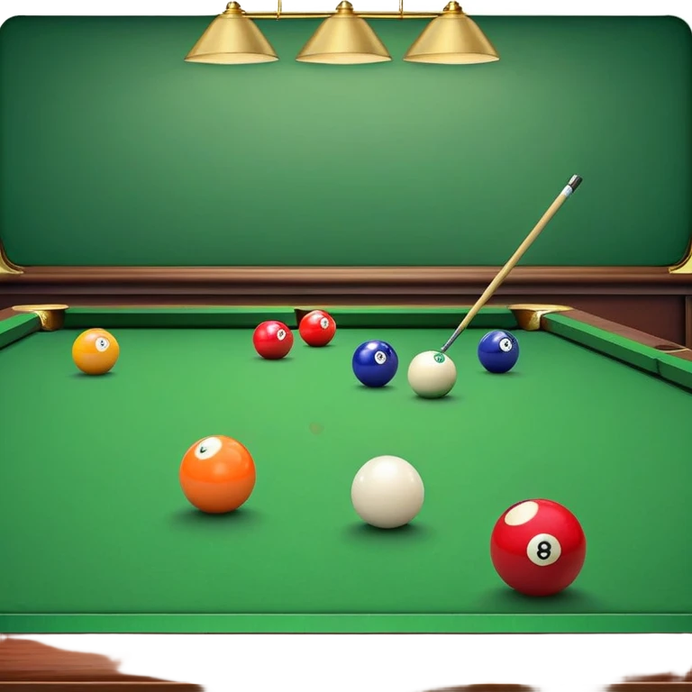 A close-up of a billiard table with a cue stick lined up to strike a colorful set of balls. The focus is on the precision of the shot, with the table’s green surface and the triangular arrangement of balls, creating a dynamic scene of strategy and concentration in the game of billiards. emoji