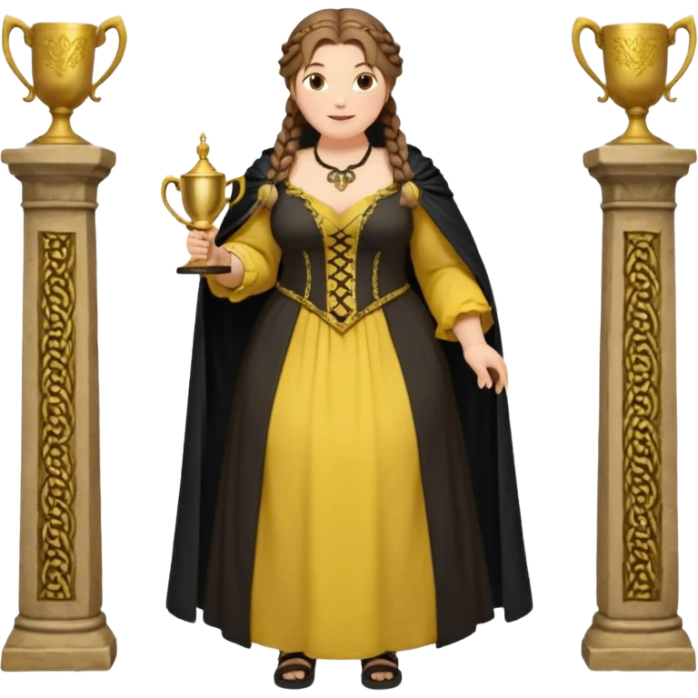 Helga Hufflepuff,brown-haired,2 braids,yellow-black medieval open dress,deep neckline,fat macromastia,black cloak decorated with gold braiding,gold cup with two handles,very kind smile,curvy busty,round rosy cheeks,full length with medieval shoes, inscription in pink heart says:"I love HELGA" emoji