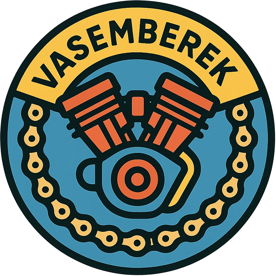 circular motorcycle cap design with the Hungarian word 'Vasemberek', featuring motorcycle motifs like motor, chain, strength, powerful style emoji