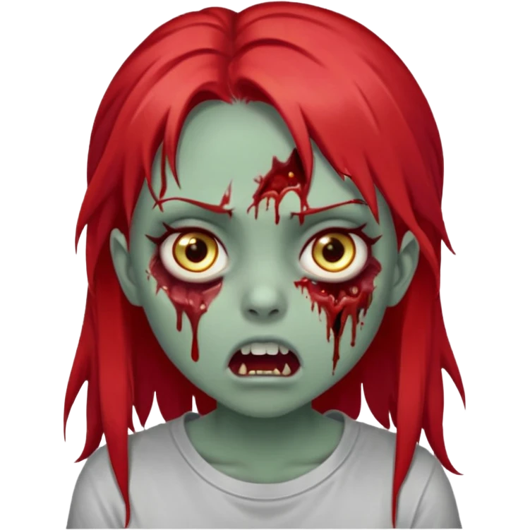 Apple-style emoji of a zombie girl. Greenish-gray skin, big golden eyes, scared expression with open mouth. Bloody wound on the left cheek and blood dripping from the mouth. Long, straight, bright red hair parted in the middle. Wearing a plain gray t-shirt. White background. emoji