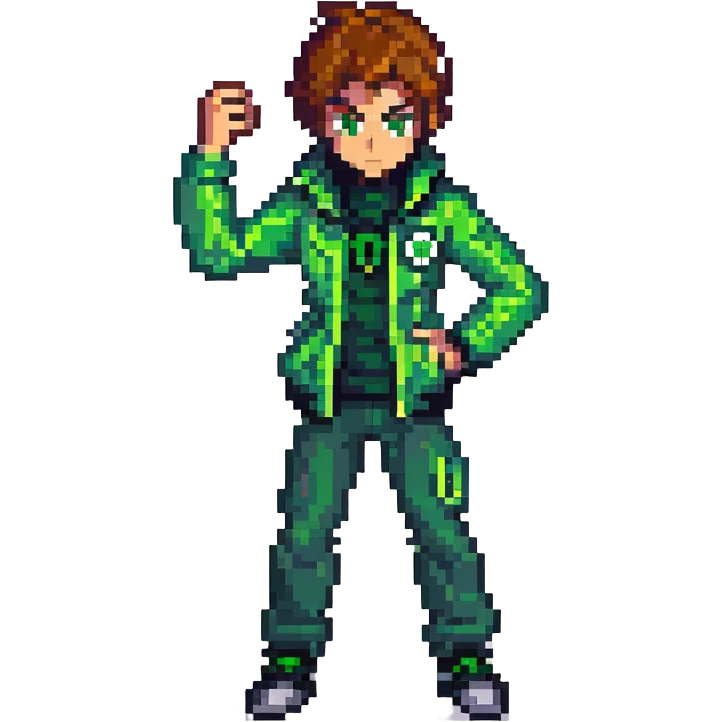 Ben 10 as pixel art character, green jacket, Omnitrix visible, action stance emoji