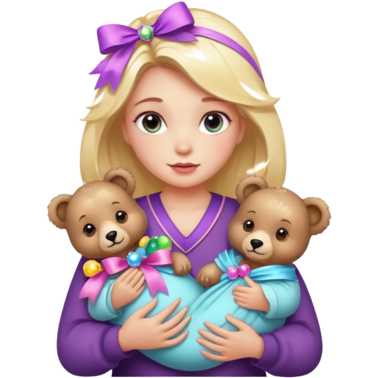 woman holding baby bears with ribbons and crystals emoji