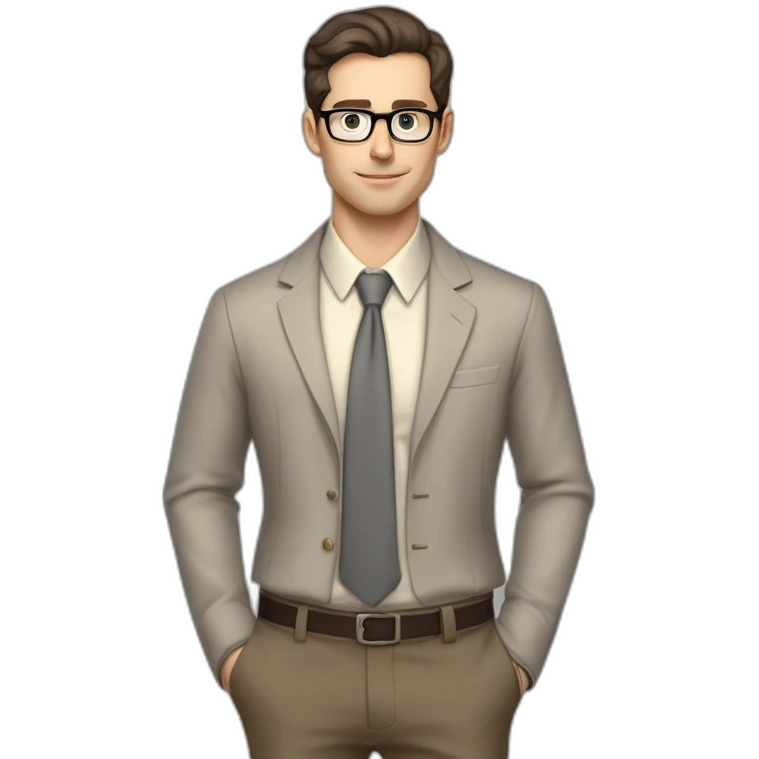 Pale skinned fit man with dark brown hair in gray jacket, beige office shirt, brown tie, brown pants and vintage glasses Writing text on the flipchart emoji