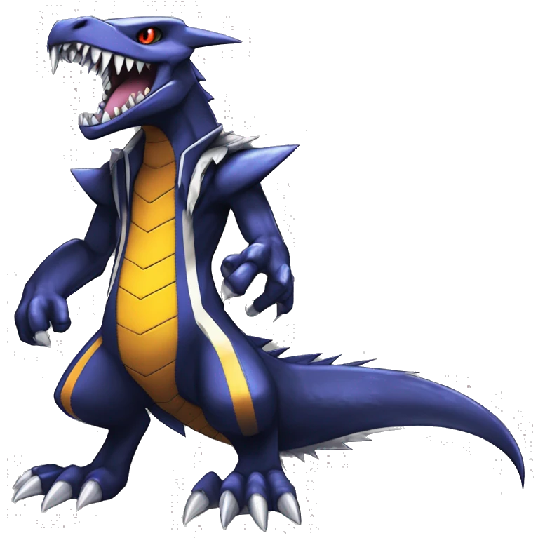 Black, Modern, Cool, Edgy, Badass Punk-style Garchomp-Sergal Fakémon-Digimon with sharp edgy striking detailed stripe-markings,  full body emoji
