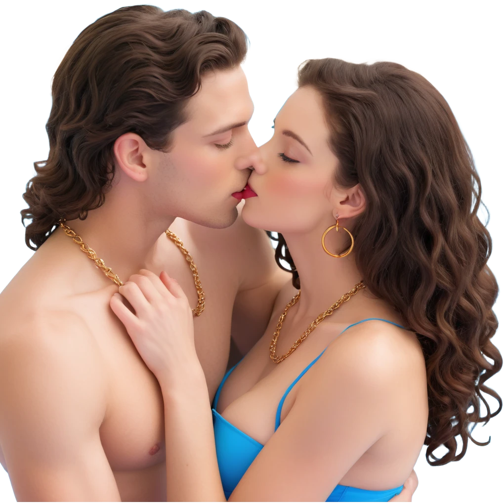 attractive couple kissing on beach at sunset, orange and pink sky, ocean waves, curvier woman with fuller figure, big blue-grey eyes, long lashes, pale skin, pink lips, long voluminous dark brown curls, gold hoop earrings, extremely minimal micro bikini barely covering anything on her plumper body, embracing handsome man with intense blue-grey eyes, chiseled features, pale skin, dark brown styled hair, gold chain, extremely minimal swimwear, most revealing possible outfits, romantic passionate kiss emoji