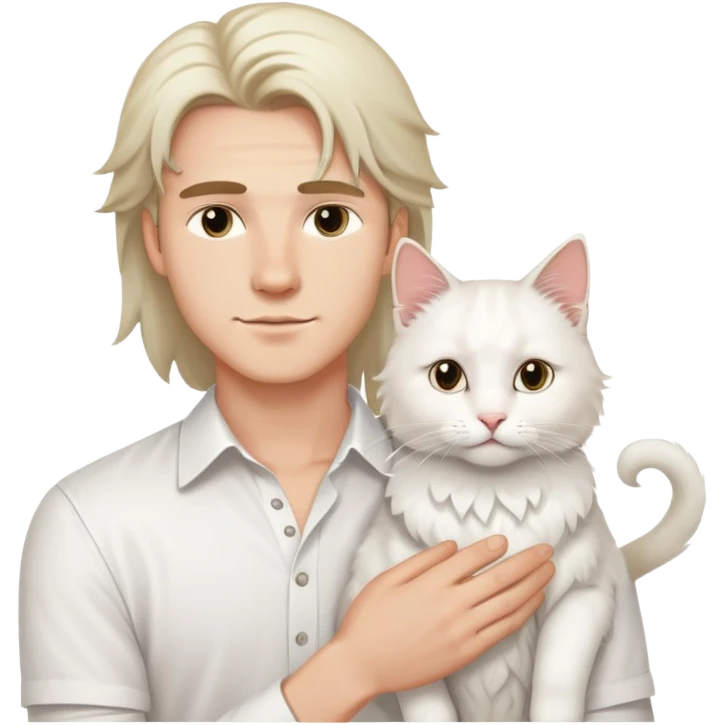 A young handsome Caucasian man in a white shirt holds a long-haired white cat emoji
