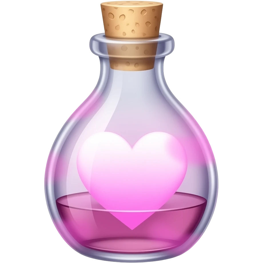 A glowing aphrodisiac glass bottle bottle releasing soft pink, heart-shaped mist, no lid emoji