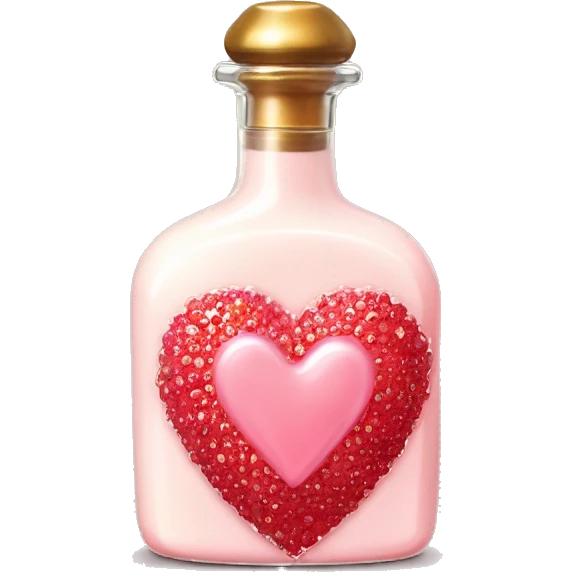 Antique heart-shaped parfumerie bottle with butter, made of red crystals, white cream and pink strawberry milk pour from the bottle emoji