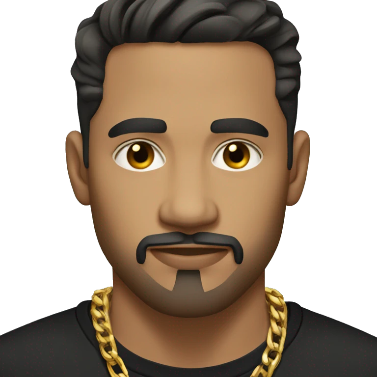 casual portrait of a light brown male in black shirt with gold chain and short black hair with a fade and light facial hair stubble emoji