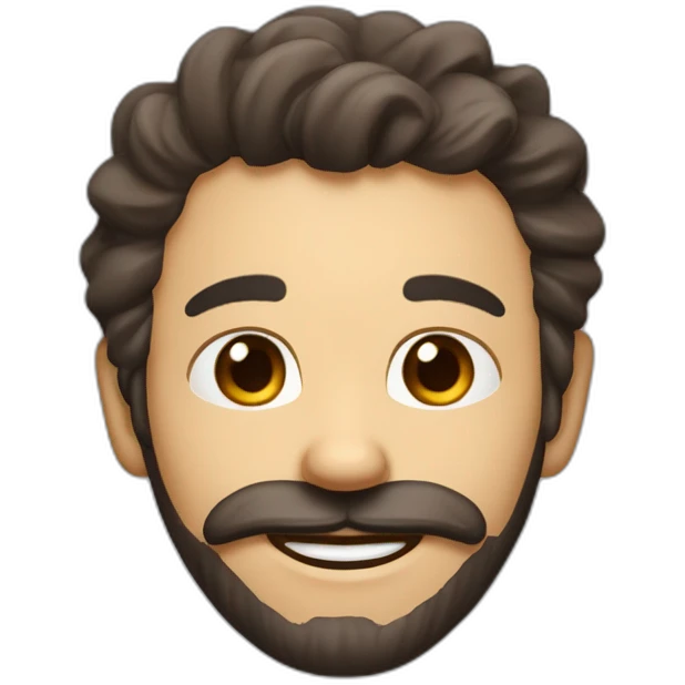 His lips curled upward and his eyes open wide. He has a brown facial hair, possibly a beard or goatee, and appears to have dark hair. His smile gives off a friendly and approachable vibe. emoji