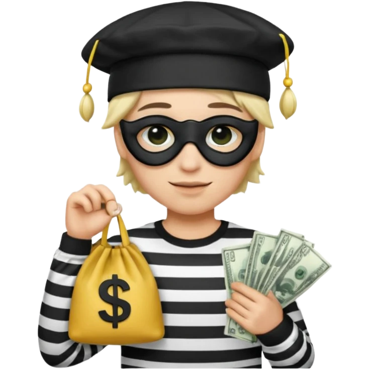 Realistic ios emoji-style portrait of a classic burglar, a black eye mask and a black-and-white striped shirt. emoji-like hair, black hat, a bag of money 💰 with a dollar sign in a right corner  emoji