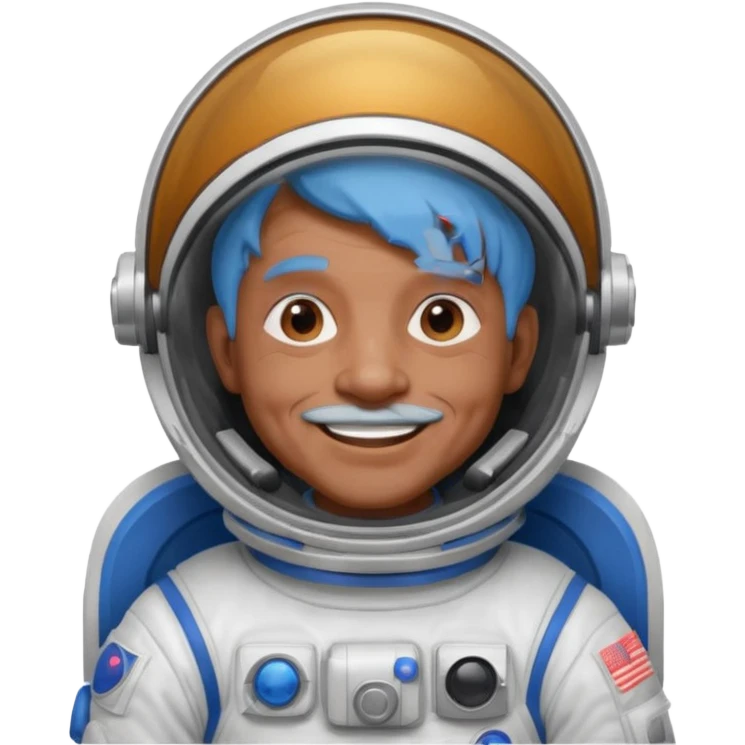 old man, brown skin astronaut with blue hair, smile emoji