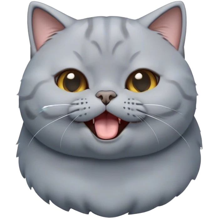 Cinematic Cute Grey British Shorthair Cat Portrait Emoji, Head tilted playfully and yawning, round and plump body with sleek soft grey fur and subtle blue undertones, Simplified yet adorable features, highly detailed, glowing with a warm, friendly glow, high shine, curious yet calm, stylized with a touch of whimsy, bright and endearing, soft glowing outline, capturing the essence of a mischievous yet loving and lazy kitty, so cute it feels like it could stretch out of the screen and cuddle! emoji