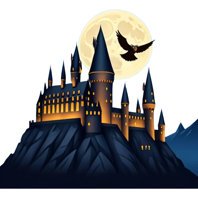 hogwarts castle on a starry night and owl flying in the air silhouette  emoji
