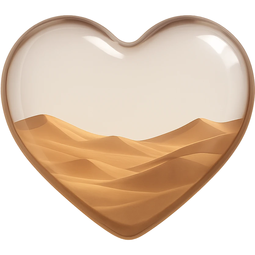 Remove the sun from inside the glass heart, keep only the empty desert sand dunes, realistic glass look, 3D emoji style, with no background emoji
