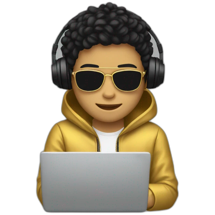 Young person golden skin tone, wearing headphones, working on a laptop, wearing golden color jacket, there is mask on his eyes, black hairs  emoji
