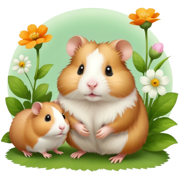 Icon for Hamster and Guinea Pig: A portrait-style collage with a fluffy hamster with soft fur, looking curious, and a friendly guinea pig with long, smooth fur, both on a soft green background with flowers and soft light. Transparent background. emoji