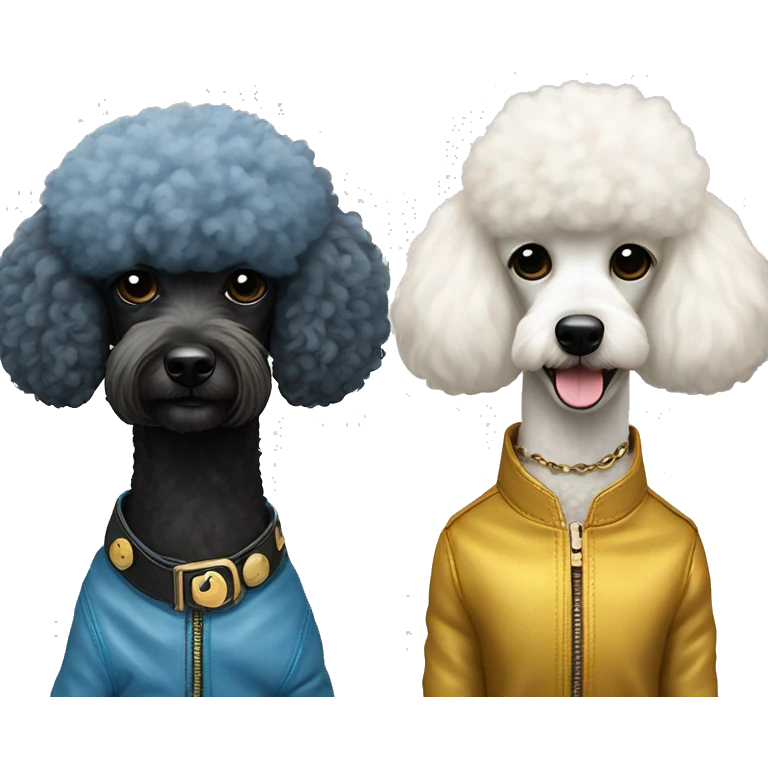 Fluffy blue and gold leather jackets on Black poodle and white poodle best friends emoji