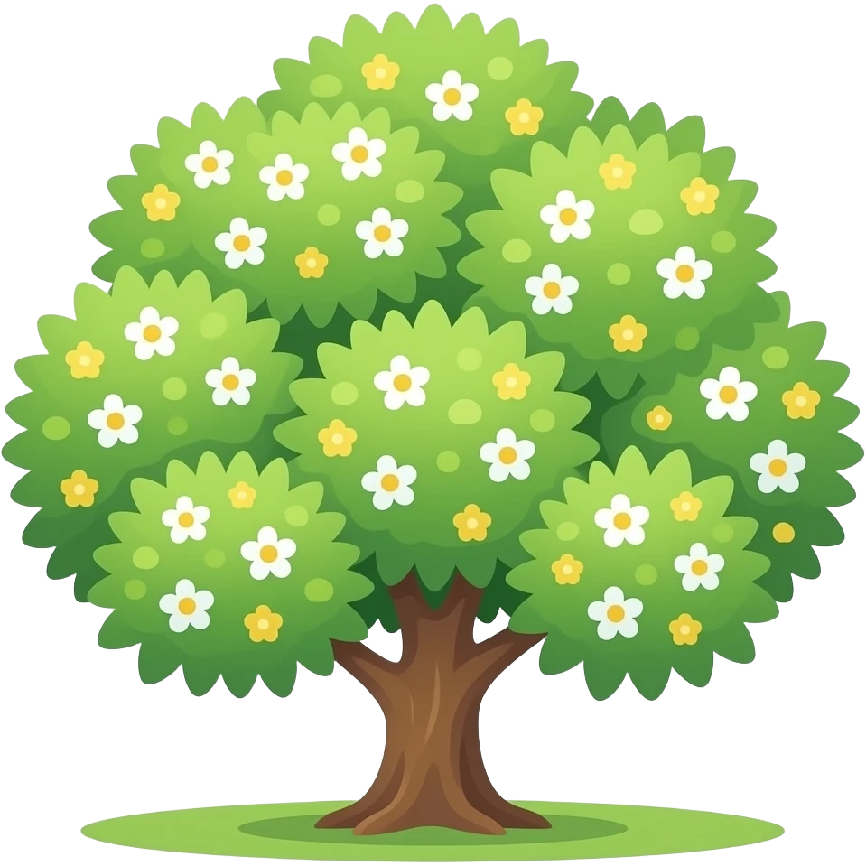 Apple-style blooming tree, round soft green canopy. No pot, no ground — only the tree. Small white and yellow flowers inside the leaves. Flat 2D vector, clean shapes, no gradients. emoji