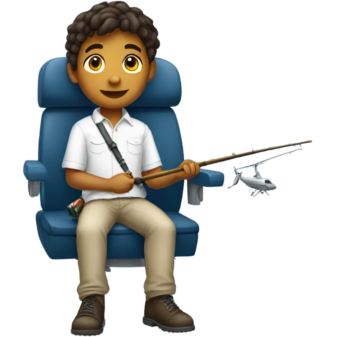 boy in white shirt on a plane with a fishing rod emoji