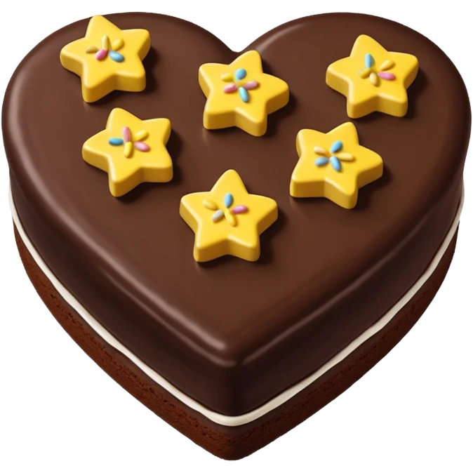 choclate cake heart with white icing on top in the shape of three u's, and yellow, teal, or green star sprinkles emoji