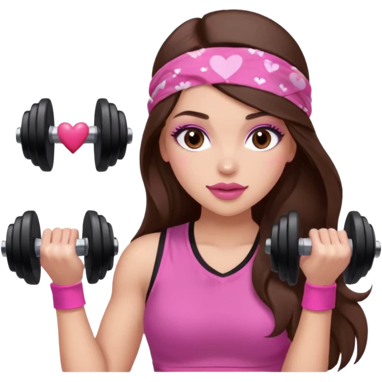 Pink and clothes emoji, inspired with brunette hair, brown eyes, long hair, heart shape lips and pink make up  and pink nails, mauve pink blush and a chocolate brown bandana lifting dumbbells emoji