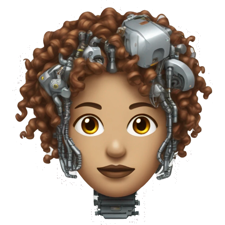 metal female cyborg head with brown curly hair and circuitry emoji