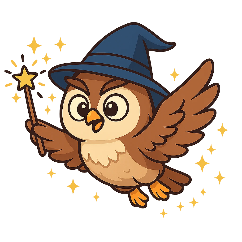 cartoon owl wizard flying with a magic wand, sparkles around emoji
