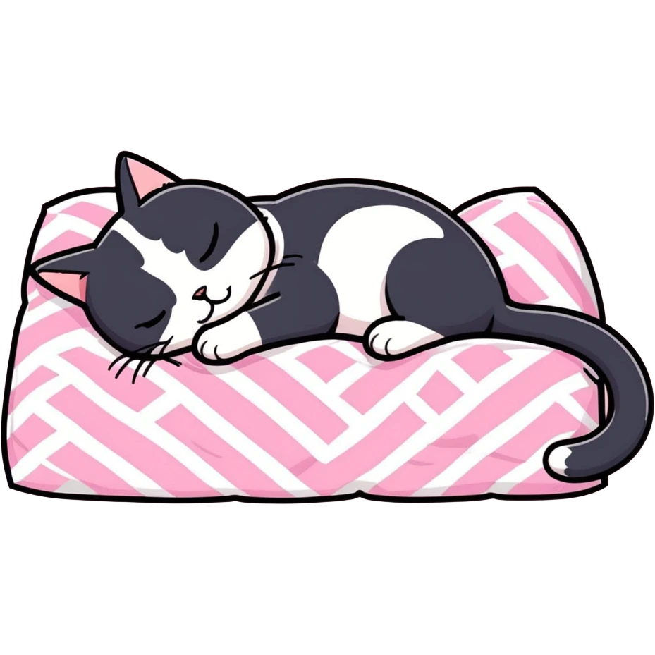 Tuxedo cat sleeping on a pink quilt emoji