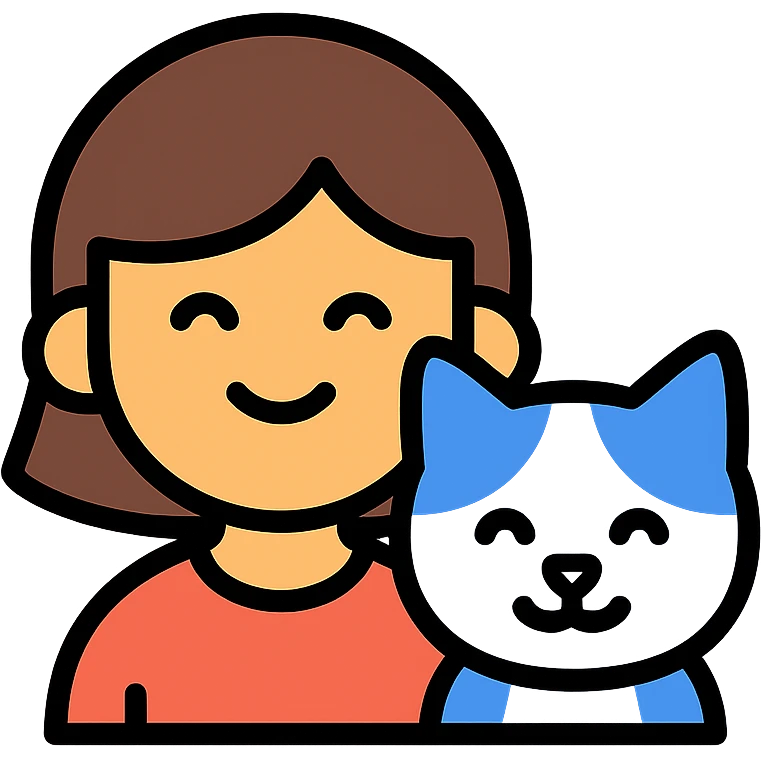 brown-haired Asian girl and her blue and white Manchikon cat, both smiling emoji