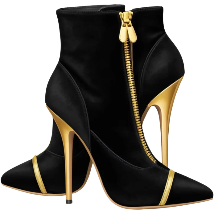 black velvet and realistic gold zipper 10 inch ankle bootie stilettos, still life, render. emoji