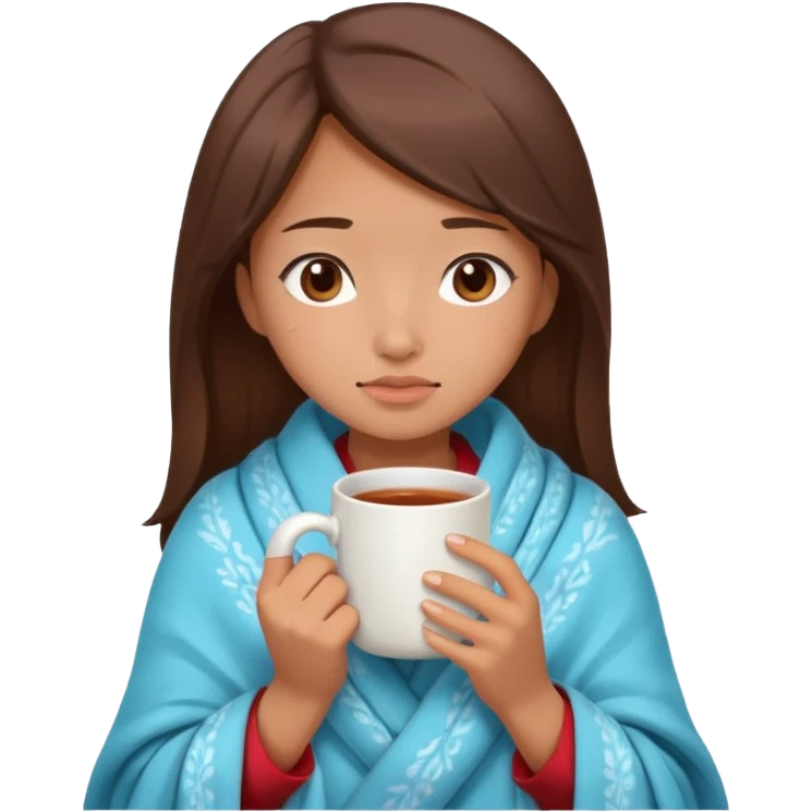 cute and sexy asian slightly tanned girl, brown hair, feeling sick, nose is red due to sickness, covered by blanket, holding tea mug in hands emoji
