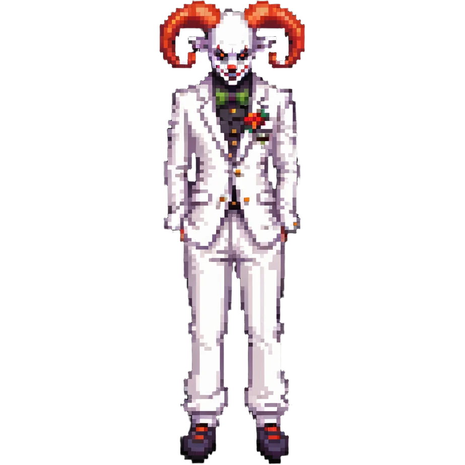 full-body demonic clown in a white leisure suit with bellbottom pants, bald, black ram horns, wearing elevator shoes emoji